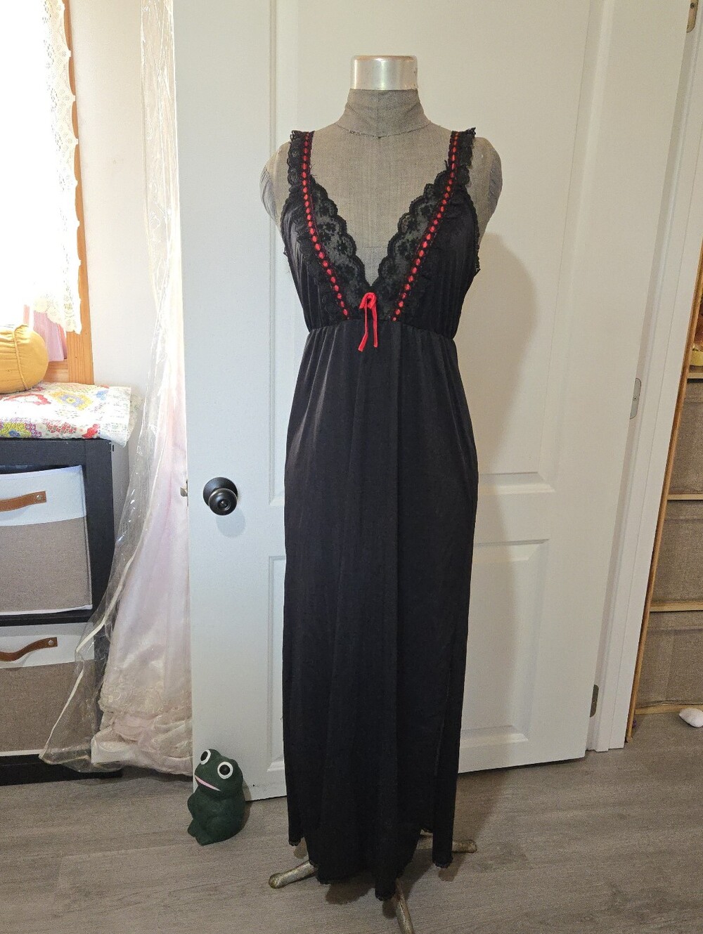 Vintage 80s Nylon Black Lace, Red Trim Nightgown, SIZE M, See Description